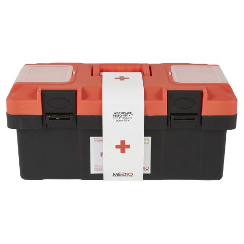 MEDIQ ESSENTIAL WORKPLACE RESPONSE FIRST AID KIT IN PLASTIC TACKLE BOX